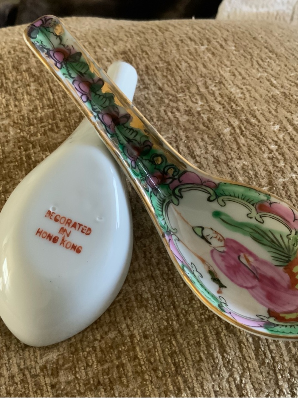 2 Hand-Painted Ceramic Chinese Soup Spoon s- Pink & Green Floral Designsvintage